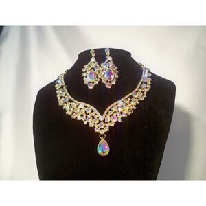 AB gold rhinestone necklace, wedding  MOB prom party formal evening necklace